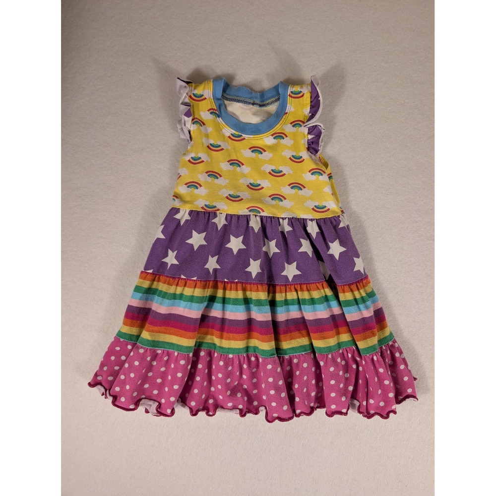 Rainbow Waters Girls 2T Tiered Dress Star Stripe Polka Dot Ruffle Sleeves